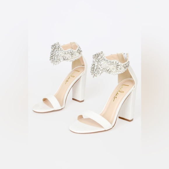 NEW Lulus Dannah White Suede Rhinestone and Pearl High Heel Sandals Women’s 5.5 - Picture 2 of 15